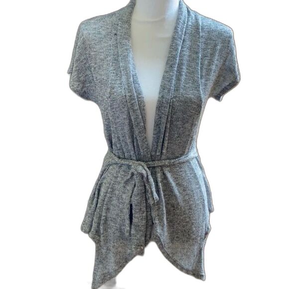 Zoah Design Cardigan Open Tie Waist Asymmetrical Hem Gray Short Sleeve Womens  L - Picture 1 of 5